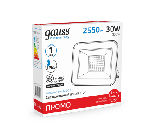 Прожектор светодиодный LED Elementary 30W 2100lm IP65 6500К черный ПРОМО 1/10  613100330P  Gauss