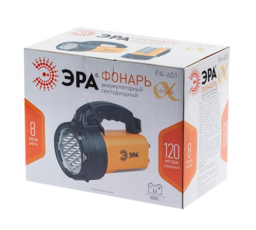 Фонарь прожекторный  PA-601  АЛЬФА 19xLED + 24xLED, литий 3Ач, ЗУ 220V+12V, карт]  Б0031036  ЭРА