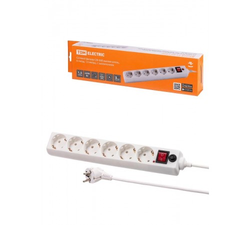 Сетевой фильтр СФ-06В выключатель, 6 гнезд, 1,5 метра, с/з, ПВС 3х0,75мм2 10А/250В белый  SQ1304-0019  TDM