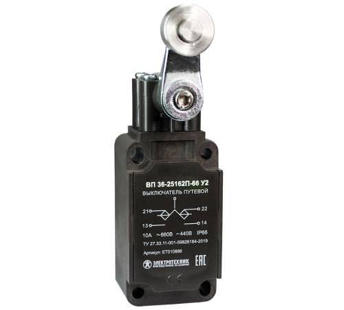 ВП 36-2516П-66 У2, рычаг со сталь.роликом, 1з+1р,полумгновенный,30х60 мм, без сальника, 3А, IP66, выключатель путевой  (ЭТ)  ET010886  Электротехник