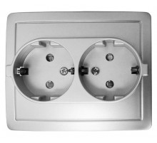 Simon 15 Алюминий Розетка двойная с/з Schuko с защитными шторками, винт. зажим, 16А 250В  1590451-033  Simon