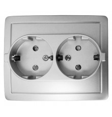 Simon 15 Алюминий Розетка двойная с/з Schuko с защитными шторками, винт. зажим, 16А 250В  1590451-033  Simon