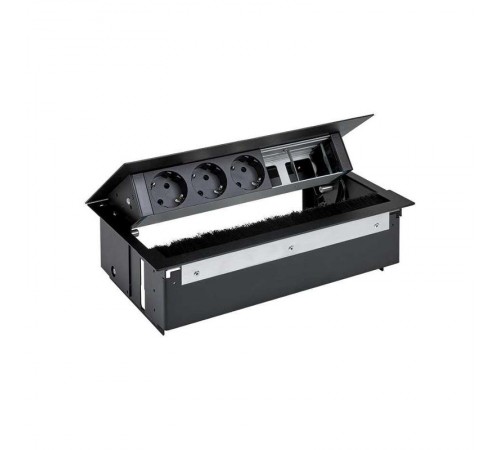 Simon S400 Врезной розеточный блок с крышкой, ввод щетка, 3x2P+E, 2 пустых модуля, черный, Simon 400  44503000-138  Simon