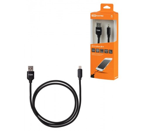 Дата-кабель, ДК 9, USB - Lightning, 1 м, тканевая оплетка, черный,  SQ1810-0309  TDM