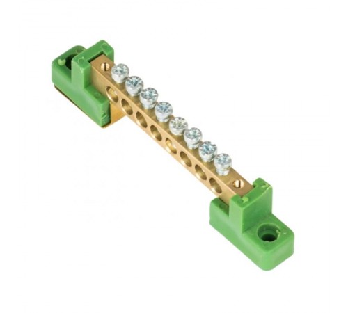 Шина "0" PE 6x9мм 8 отверстий латунь с контактной пластиной 2 зелёных угловых изолятора EKF PROximasn0-63-08-2-peEKF