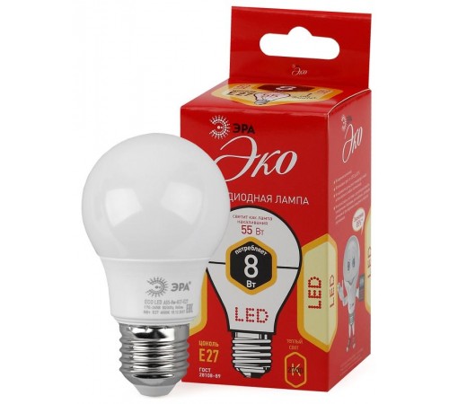 Лампа светодиодная ECO LED A55-8W-827-E27 Лампы СВЕТОДИОДНЫЕ ЭКО ЭРА (диод, груша, 8Вт, тепл, E27)  Б0032095  ЭРА