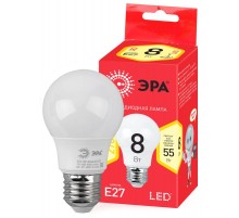 Лампа светодиодная ECO LED A55-8W-827-E27 Лампы СВЕТОДИОДНЫЕ ЭКО ЭРА (диод, груша, 8Вт, тепл, E27)  Б0032095  ЭРА