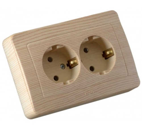 Розетка скрытой установки, двухместная, с заземляющим контактом, цвет сосна  РС16-351-02  HEGEL