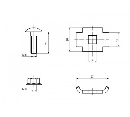 Винтовой соед. компл. одинарный 6х20 (Винт М6+гайка) (50 шт) INOX  vcko6х20-INOX  EKF
