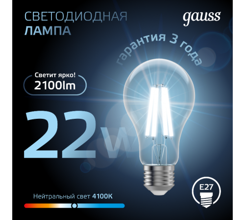 Лампа светодиодная Filament А70 22W 2100lm 4100К Е27 LED 1/10/40  102902222  Gauss