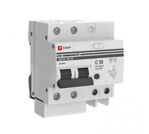 Выключатель автоматический дифференциальный АД-2 S 50А/300мА (характеристика C, AC, электронный, защита 270В) 4,5кА PROxima  DA2-50-300S-pro  EKF