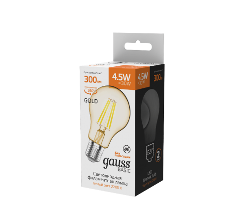 Лампа светодиодная Basic Filament А60 4,5W 300lm 2200К Е27 golden LED 1/10/40  1021245  Gauss