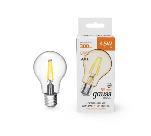 Лампа светодиодная Basic Filament А60 4,5W 300lm 2200К Е27 golden LED 1/10/40  1021245  Gauss
