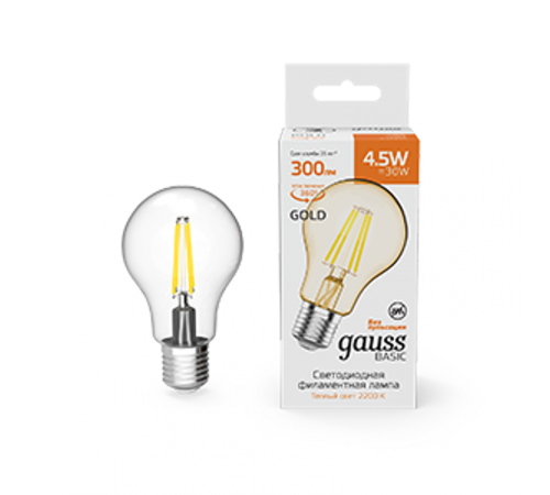 Лампа светодиодная Basic Filament А60 4,5W 300lm 2200К Е27 golden LED 1/10/40  1021245  Gauss