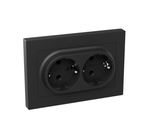 Механизм розетки двойной, 16А, с заземлением, без шторок, с рамкой, чёрный Эпика EKF  UP1-SOB-210  EKF