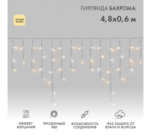 Бахрома (Айсикл) 4,8х0,6м 176 LED ТЕПЛЫЙ БЕЛЫЙ прозрачный ПВХ IP65 эффект мерцания 230В  255-186  NEON-NIGHT