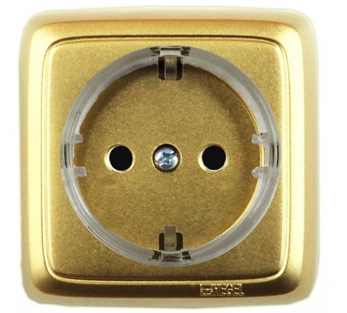 Розетка открытой установки, одноместная, с заземляющим контактом, со шторкой, с изолирующей пластиной, цвет золото  РА16-174-07  HEGEL