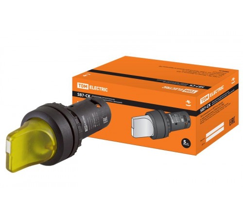 Переключатель на 3 положения с фиксацией SB7-CK3565-220V короткая ручка(LED) d22мм 1з+1р желтый  SQ0746-0069  TDM