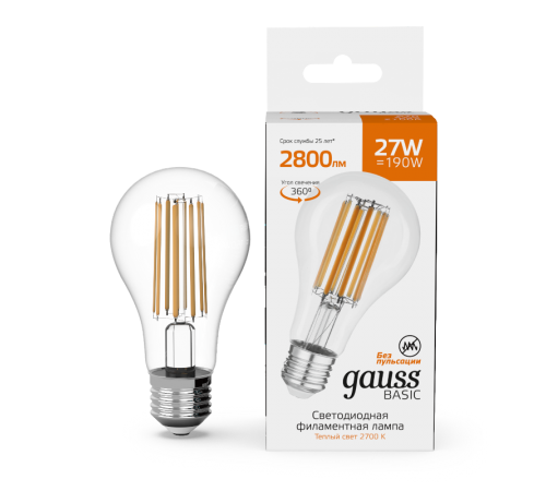 Лампа светодиодная   Basic Filament А70 27W 2800lm 2700К Е27 LED 1/10/40  40712172  Gauss