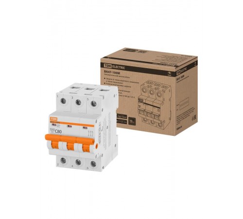 Выключатель автоматичесикй ВА47-100М 3Р 80А 10кА х-ка C  SQ0207-0106  TDM