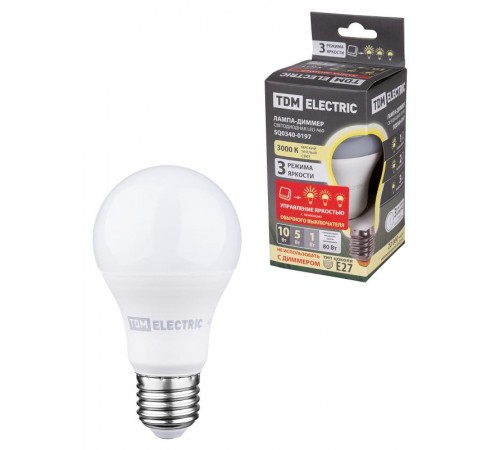 Лампа светодиодная А60 - 10 Вт-230 В -3000 К-E27 "-ДИММЕР"  SQ0340-0197  TDM