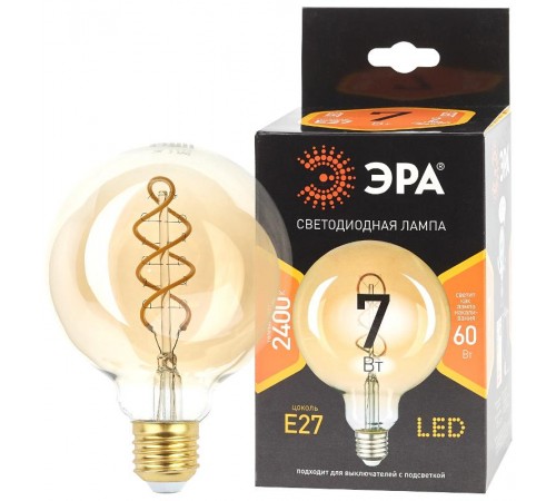 Лампа светодиодная F-LED G95-7W-824-E27 spiral gold (филамент, шар спир зол, 7Вт, тепл, E27) (20/560)  Б0047663  ЭРА