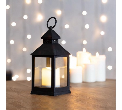 Декоративный фонарь со свечкой, черный корпус, размер 10,5х10,5х24 см, цвет ТЕПЛЫЙ БЕЛЫЙ  513-051  NEON-NIGHT