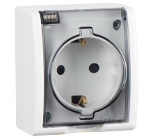 Simon 15 Белый Розетка одинарная с/з Schuko со шторками, с крышкой полупрозрачной, IP54, 16А 250В, винт. зажим  1594432-030  Simon