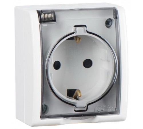 Simon 15 Белый Розетка одинарная с/з Schuko со шторками, с крышкой полупрозрачной, IP54, 16А 250В, винт. зажим  1594432-030  Simon