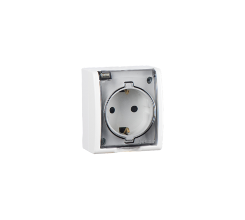 Simon 15 Белый Розетка одинарная с/з Schuko со шторками, с крышкой полупрозрачной, IP54, 16А 250В, винт. зажим  1594432-030  Simon
