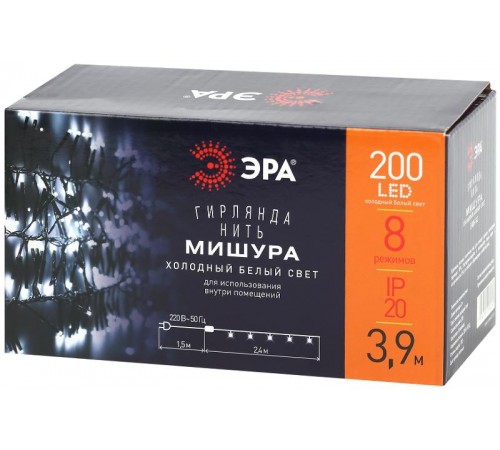 Гирлянда светодиодная  Нить Мишура 3,9 м зеленый провод, холодный свет, ENIN - GC  220V IP20 (24/576)  Б0047969  ЭРА