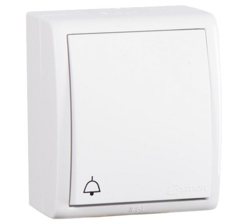 Simon 15 Белый Выключатель 1-кл кнопочный с символом "звонок" с подсветкой, IP54, 10А 250В, винт. зажим  1594160-030  Simon