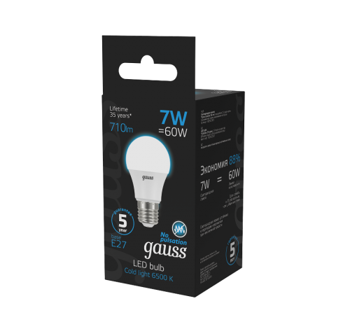 Лампа светодиодная A60 7W 710lm 6500K E27 LED 1/10/50  102502307  Gauss