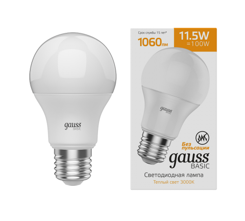 Лампа светодиодная   Basic A60 11,5W 1060lm 3000K E27 LED 1/10/50  1023212  Gauss