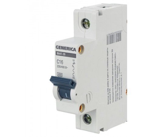 Выключатель автоматический однополюсный ВА47-29 16А C 4,5кА  MVA25-1-016-C  GENERICA