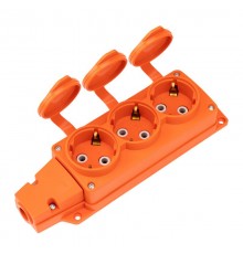 Розетка (колодка) влагозащищенная с крышкой 3 гнезда COMPACT, с/з, 16А, IP54, каучук, оранжевая  111-227  REXANT