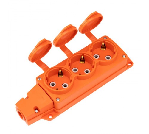 Розетка (колодка) влагозащищенная с крышкой 3 гнезда COMPACT, с/з, 16А, IP54, каучук, оранжевая  111-227  REXANT