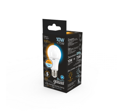 Лампа светодиодная LED 10Вт E27 220В 2700К/4100К СТС A60  102502110-T  Gauss