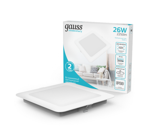 Светильник  Elementary Downlight квадрат 26W 2250lm 4000K 170-260V IP20 220*26 белый LED 1/40  998520224  Gauss