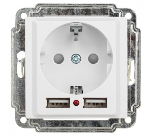 Розетка Intro Accent 6-410-01 P+E Schuko со шторками, 16А-250В + 2хUSB, IP20, СУ, белый   Б0063689  Intro