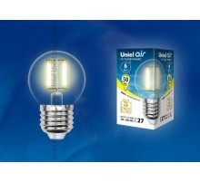 Лампа светодиодная LED-G45-6W/WW/E27/CL GLA01TR LED. "шар", прозр серия Air. 3000K  UL-00002203  Uniel
