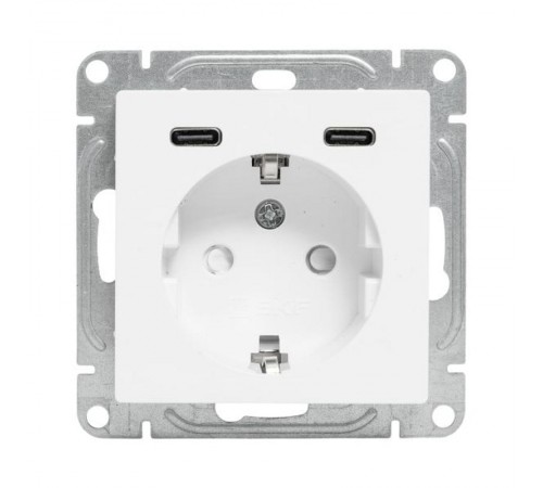 Механизм розетки с USB-C - 2шт, 16А, с заземлением, со шторками, белый Эпика EKF  UP1-SOW-111-2USBC  EKF