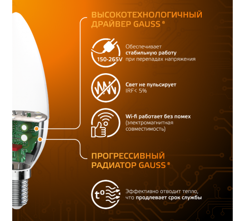 Лампа светодиодная LED 9.5Вт E14 220В 3000К Candle (свеча)  103101110  Gauss