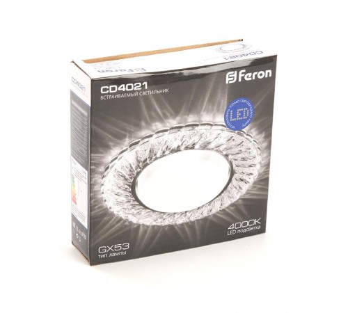 Светильник потолочный встраиваемый под лампу GX53 CD4021 20LED*2835 SMD 4000K, 15W GX53, без лампы, прозрачный, хром  29474  FERON