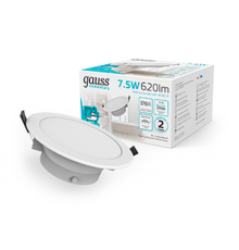 Светильник встраиваемый downlight Elementary круг 7,5W 620lm 4000K 185-250V IP54 95*45 монтаж белый LED 1/40  999420207  Gauss