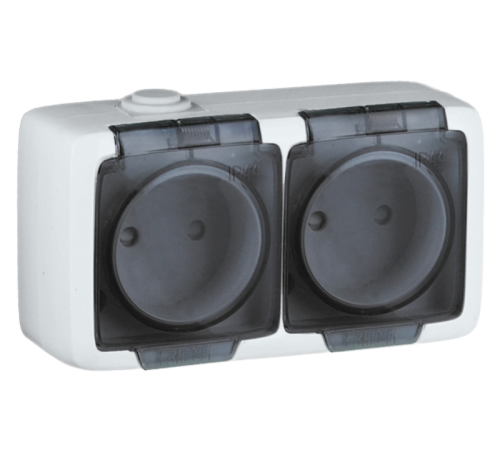 Розетка открытой установки, двухместная, со шторками, брызгозащищенная, цвет белый  РА16-242  HEGEL