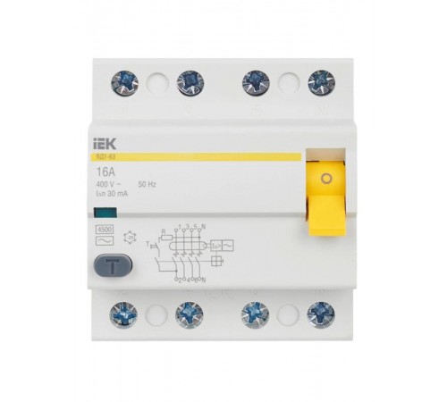 Выключатель дифференциальный (УЗО) ВД1-63 4п 16А 30мА тип AC  MDV10-4-016-030  IEK