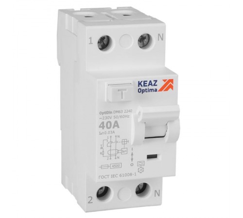 Выключатель дифференциального токаOptiDin DM63-2240-A-4,5-УХЛ4 (2P, 40, 30mA)  343913  КЭАЗ