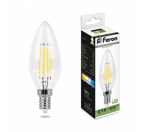 Лампа светодиодная LB-58 (5W) 230V E14 4000K филамент C35 прозрачная  25573  FERON