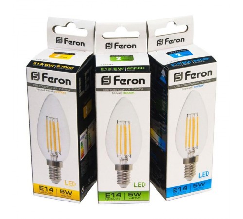 Лампа светодиодная LB-58 (5W) 230V E14 4000K филамент C35 прозрачная  25573  FERON